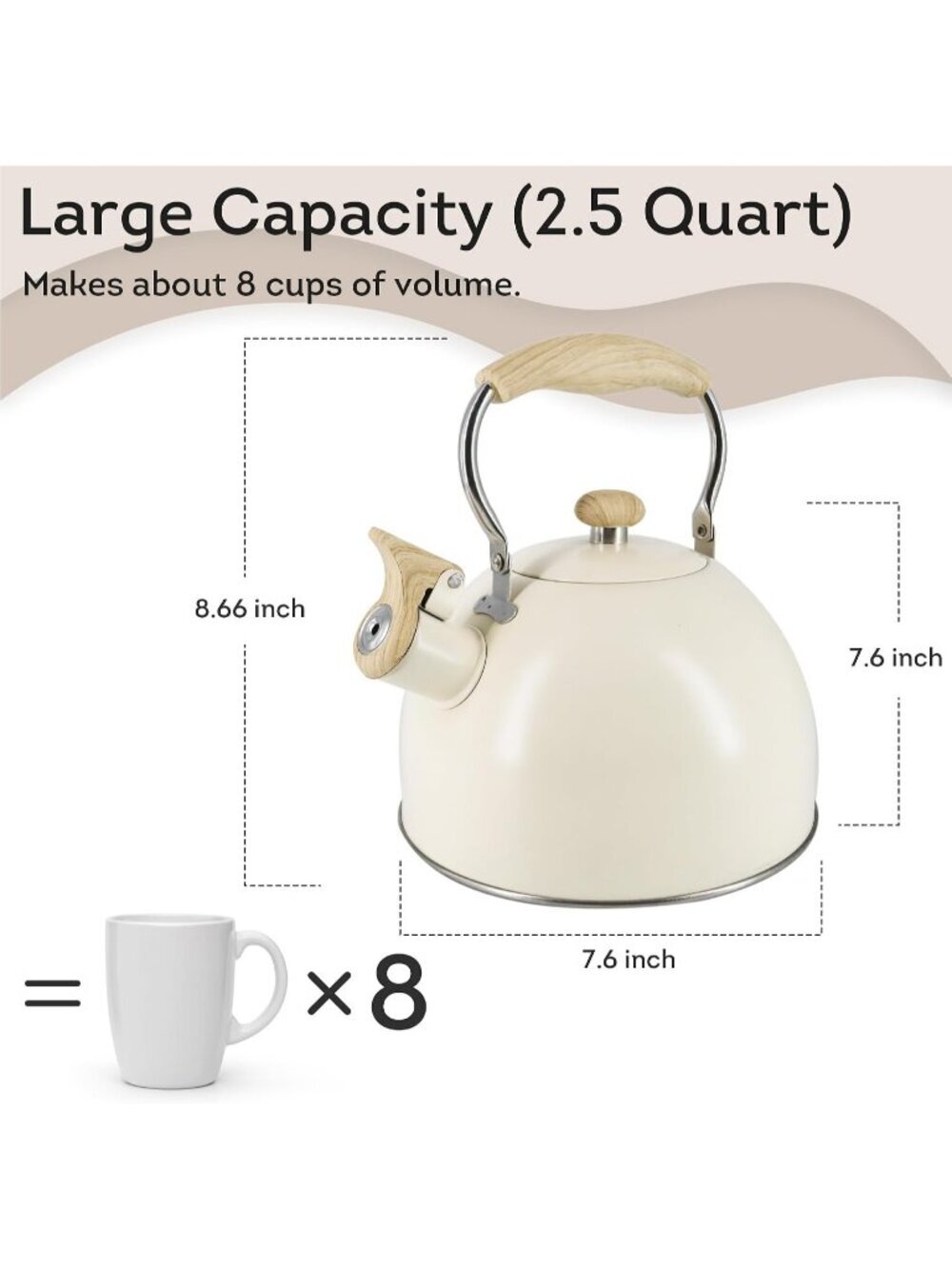 Matte Cream Kitchen Whistling Tea Kettle 2 Quart Stainless Steel Stovetop Teapot - Picture 6 of 6